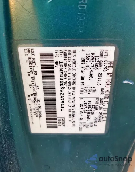 1998 Ford Explorer из США, поврежденный, VIN 1FMZU32E9WZA79111